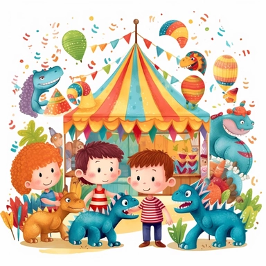 a carnival with cute dinosaurs and kids clipart