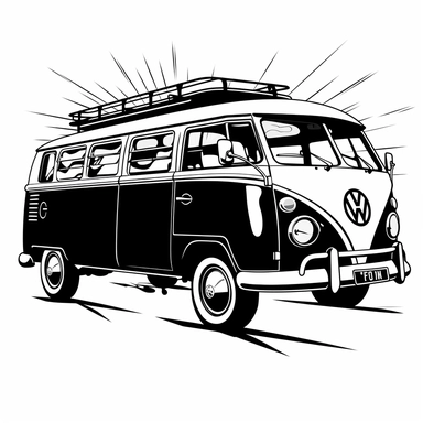 black silhouette illustration vw caravan car, clipart, white background