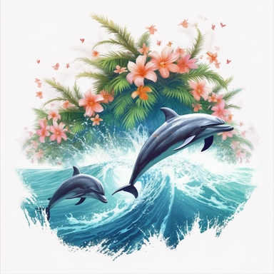 print artwork of majestic palm trees in digital painting style, dolphins jump, close view, big sea waves, water splashes, white background, colorful fantasy flower sorround, highly detailed clean, vector image, photorealistic masterpiece, professional photography, realistic, flat white background, isometric, vibrant vector, clipart, illustration, realism, 4k, , cinematic, front view, white background,