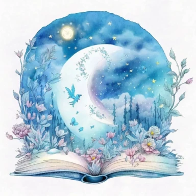 fantasy scene coming out of an open book, moon fairies stars, florals, magical, watercolors, Clipart, pastel blue color theme