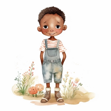 watercolor farm cute african american boy clipart white background