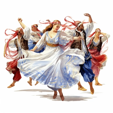 Greek Dance: A clipart image of traditional Greek dancers performing the syrtaki or other folk dances, wearing traditional costumes. watercolor clipart, transparent white background, soft cinematic lights, juicy, bright, high quality, ultra detailed, 32k