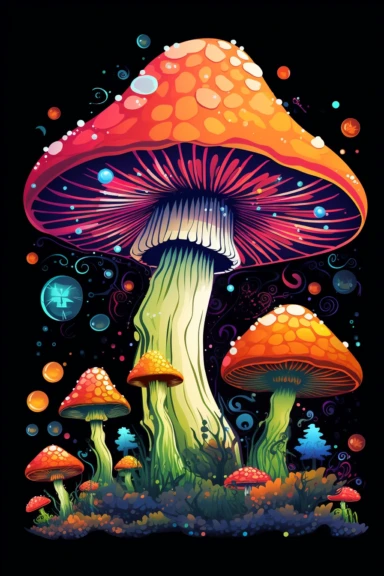 Fluorescence mushroom in psychedelic colors clipart, with white background