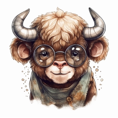 kawaii adorable cape buffalo wearing cute glasses, nursery art, clipart image, line art image, white background, inspired by yoshitaka amano art, very detailed, 8k