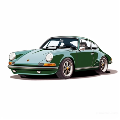 in clipart style, vector image, A meticulously crafted illustration of a green 1973 Porsche 911 Carrera RS , highlighting its iconic design and graceful contours, placed against pure white background (style: evoking the accuracy and refinement of classic automobile blueprints) (lighting: deliberate, directional lighting) (colors: an elegant palette for the car's body set against a pristine, white backdrop) (composition: captured from a side view or three-quarter angle using a 35mm lense ensuring