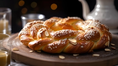 a beautifully braided white Swedish tea ring, adorned with pearl sugar and delicate almond flakes, Its softness is evident as you tear off a piece, releasing the irresistible aroma, Soft morning light dances on the table, enhancing the bread's intricate shape and highlighting its golden crust, Photo clipart, super detail, vignetting, shot with Nikon D3000,