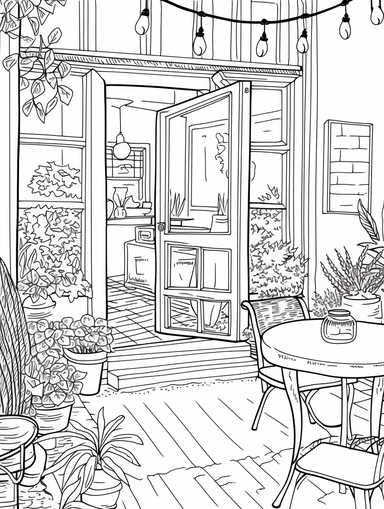 An Adult Coloring Book Featuring Fun and Relaxing Interior Home Designs with Beautifully Furnished Rooms and Welcoming Outdoor Spaces, coloring page line art, black and white clipart for coloring page, simple and clean line art, illustration style,