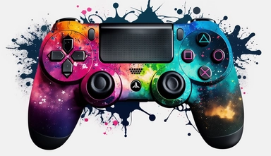A captivating galaxy-themed PS4 game controller clipart, adorned with an enchanting array of RGB colors reminiscent of a cosmic nebula. The controller is positioned against a pristine white background, expertly designed for high-quality printing in ultra-high definition (UHD) and 4K resolution. To add a touch of artistic flair, a splatter of paint resembling stars and galaxies decorates the background, creating a sense of celestial wonder. The deliberate absence of any brand name or logo allows 