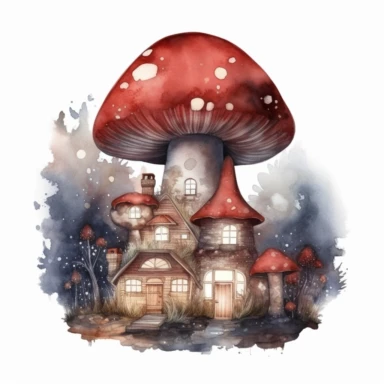 magical chubby mushroom house with lit lamps, under moon light, in styel of watercolor clipart, dominant red, white background, emtremely detailed, 4k