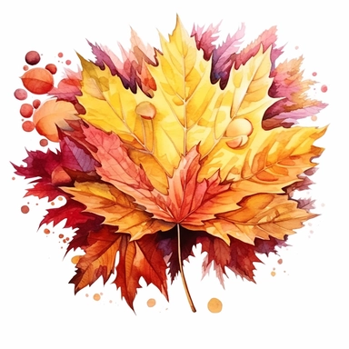 watercolor, hyper realistic, white background, white margins, 16k, ultra detailed clipart, cut out image, hand-drawn a falling leaf surrounded by smaller leaves, showcasing a rich color palette of burgundy, maroon, and mustard yellow.