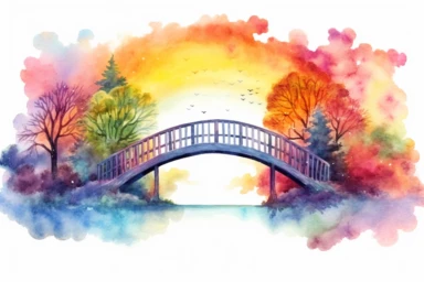 Create a beautiful and whimsical watercolor clipart of a magical bridge suspended over a rainbow-colored cloud-filled river in the heavens. Add fantastical trees and a magical waterfall to complete the enchanting scene. Use a white background and avoid including any human figures or text in the clipart