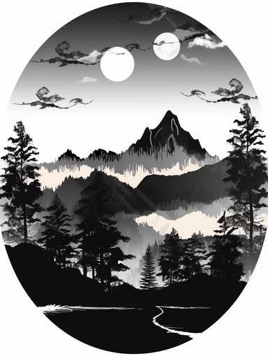 mountain silhouettes download cliparts, in the style of bob ross, alex katz, tattoo-inspired, birds-eye-view, wood, black and white contrast, charles addams