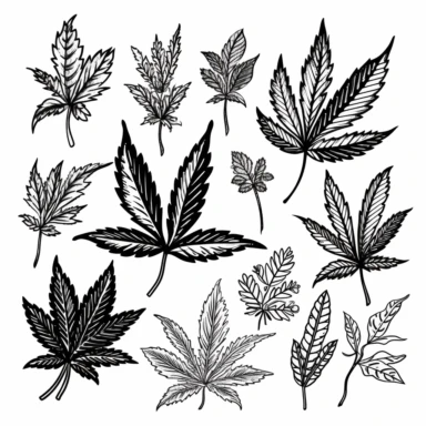 Illustration hand draw style of kawaii cannabis leaves, black and white , clipart collection, clean lines, vector line, white background