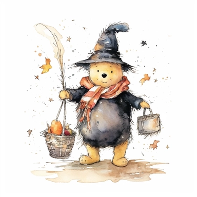 E.H. Shepard's Winnie the Pooh in a Halloween theme wearing a wizard hat and carrying a wand, like he's dressed up as a magical character He also has a little pumpkin bucket to collect candy in. wearing a black and orange one shirt with a spider. some spooky decorations bunting cobwebs and ghosts hanging around him, white background, Clipart watercolour
