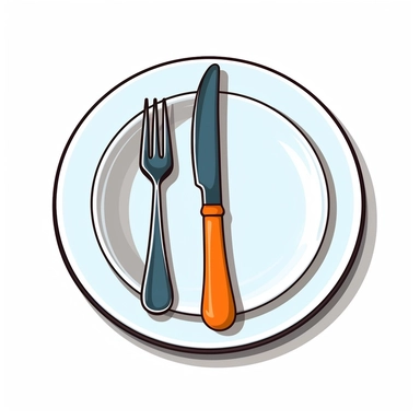 plate with fork and knife clipart, simple flat few color drawing, planner sticker, white background