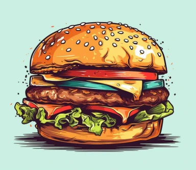 a hamburger clipart on white background, in the style of cross-processing/processed, bold outlines, flat colors, 2d game art, dark cyan and red, close-up intensity, sleek, mike judge