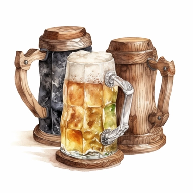 clip art, medieval wood beer mugs and stines, highly detailed, light watercolor, white background