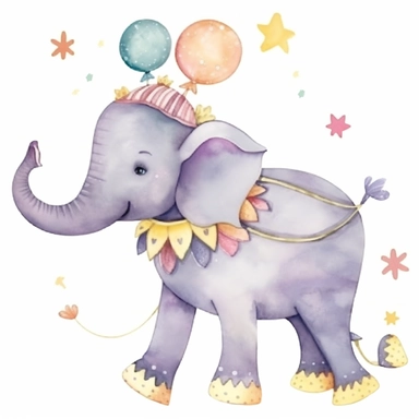 One cute decorated circus elephant clipart, style as seen on Etsy. Cartoonish appearance with exaggerated body proportions, but atomically correct limb positions and number. Perfect for decorating a baby's nursery. Varied bright pastel watercolors, loose, gestural brush strokes. Dreamy, ethereal, lively, playful. Lots of cute details, such as stars, balloons, drums, hats, flags and unicycles. Decorative patterns, like polka dots, stripes and floral designs. Enchanting, whimsical, heartwarming, t