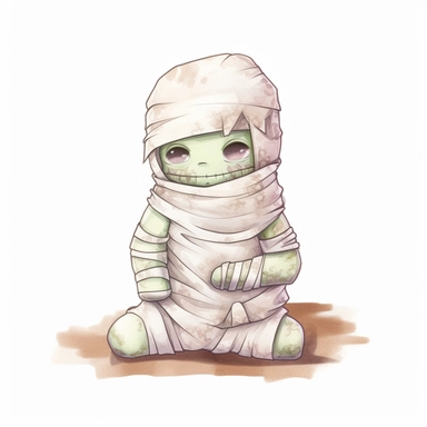 complex watercolor illustration of adorable cute zombie covered in white bandages looking like a mummy isolated kawaii,concept,art,8k,hd,kawaii,detailed,white backround,clipart