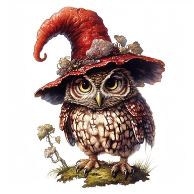 a clipart in the style of Bob Byerley of a magical woodland owl, isolated white background