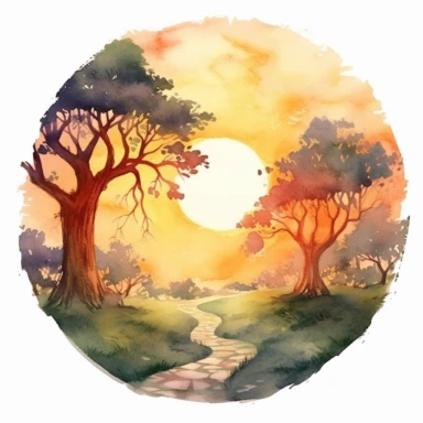 watercolour clipart of a uneven and hilly pathway leading into heavy tree covered area at sunset, serene, peaceful