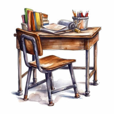 school study desk and chair illustration drawing, illustration clipart, detailed, black outline, white background, digital art, watercolor