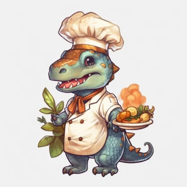 A dinsoaur wearing a chef outfit t, by Mia Hernandez, with warm colors and intricate details, white background, transparent, clipart