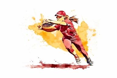 Watercolor, Design a scene of a softball pitcher winding up and delivering a pitch with precision clipart, hd, on a white background, spaced out