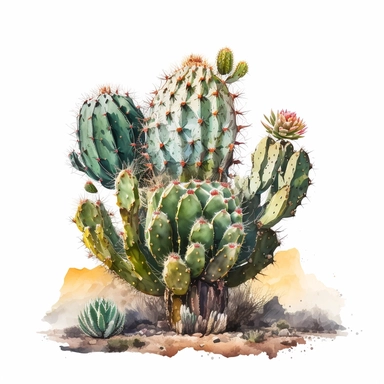 watercolor art, stunning desert cacti clipart featuring a single majestic cactus, set against a pristine white background, highlighting its natural beauty and elegance. no text, no caption