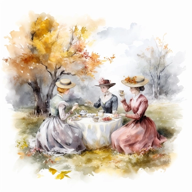 complex watercolor illustration of four victorian women/ladies having a Garden Tea party in a euphoric autumn landscape, cottagecore, in KARL MARTENS style isolated,concept,art,8k,hd,watercolor,detailed,white backround,clipart