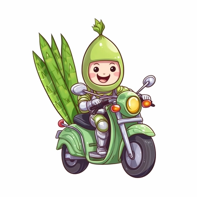 Create a clipart of a cute vegetable asparagus wearing a colorful leather jacket and riding a motorcycle. Kawaii. White Background, soft lighting.