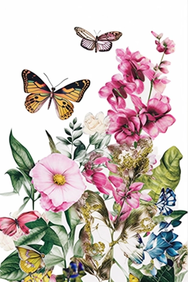 a painting of flowers and a butterfly on a white background, by Annabel Kidston, behance contest winner, ecological art, clippings of a fashion magazine, in the cover of new york times, clipart, breathtaking digital art, mario testino, pink bees, peacock, digital art emoji collection, photograph of a sleeve tattoo, artforum, gucci