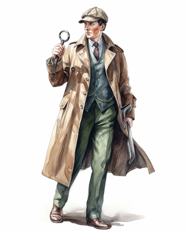 british detective full body looking for evidence, holding a magnifying glass, no watermark, watercolor clipart on white background