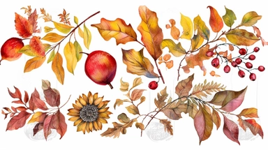 watercolor fall illustration. autumn leaves, sunflower, maple leaf, rowan berries, oak, acorn arragement. thanksgiving clipart , post-impressionism art style, high quality, high resolution, clean detailed