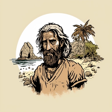 portrait of Robinson Crusoe on a desert island, castaway, shipwreck, simple lines , clipart
