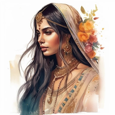 Glamorous and romantic wedding realistic watercolor, the beautiful profile of the Indian bride with long black wavy hair, wearing bohemian jewelry, with henna on her hands, wearing Juliet cap veil, translucent, multi-layered, delicate, with a bouquet of orchids, greenery, very delicate colors, golden hour, fashion photography, watercolor clipart--ar 3:2--no watermarks, no text
