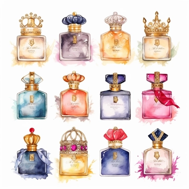 Eleven Watercolor Princes Perfumes Clipart by Nita Engle on solid white background
