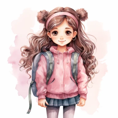 Back to school Watercolor Clipart, A cute happy school girl with backpack, pink themed , single object, highly detailed, hand drawn watercolor illustration ,png transparent background, white background for removing background - - no text shadow font watermark