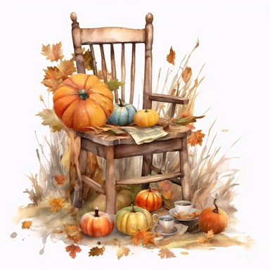 watercolor mixed media masterpiece kitchen beautiful white rustic chair, richly decorated with pumpkins, gourds, and Indian corn, field, landscape, provence, golden accents, shabby shic style, by Vladimir Kush style and by Daniel Ridgway Knight style and by Nicholas Hely Hutchinson style and by Andrew Wyeth style, Baroque style, PNG clipart, isolated on white, extreme photorealistic details, 32k HD resolution, realistic high detailization high resolution, white background, isolated image,