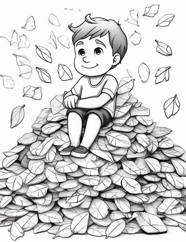 clipart cartoon pile of leaves in the style of Pierre-Auguste Renior black and white child's coloring book, black and white smooth thick lines, solid white background, no background