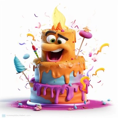 clipart of a messy two layer birthday cake, there is a funny face in the cake, candles, cartoon, for kids, funny, pixar, 8k, white background, sharp focus, detailed,