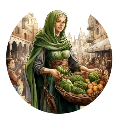 medieval woman selling in the market, stylish | COLOR THEME: dark green, olive green, army green, black, light pink | watercolor, clipart, hyperrealistic, white background