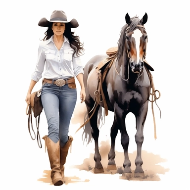 Vintage cowgirl horse vector drawing, Horse and rustic cowgirl, watercolor clipart, full body, horse whose coat has shades of gray white and black, vintage cowgirl wearing torn clothes and a rustic hat, black hair, they walk side by side as partners faithful, vintage colors, white background fine art, details, glowing eyes, 8k print, canvas,