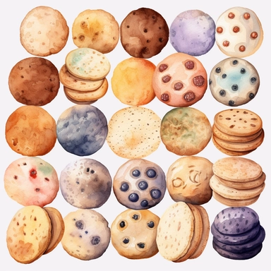 Create a collection of watercolor cookie clipart featuring various types of cookies in a soft and delicate watercolor style. The cookies should include chocolate chip, sugar, oatmeal raisin, macarons, and snickerdoodles. Use a pastel color palette with light shades of brown, beige, and other colors to represent the cookies and their unique details. Each cookie should be painted with subtle brushstrokes to capture the watercolor effect and emphasize the texture of the cookies. The final clipart s