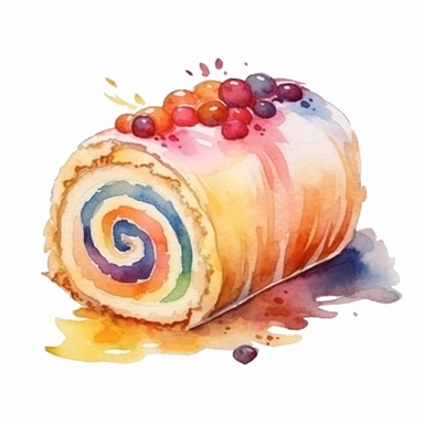 watercolour roll cake, clipart on white background, no watermark, highly detailed, professional color gradation, clean sharpness