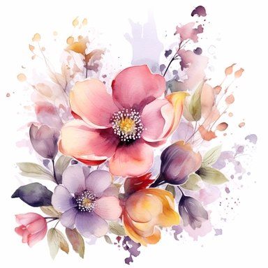 watercolor spring flower group for corner of invitation, clipart isolated on clear white background, soft colors, boho, lithograph, 32k uhd, textural