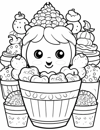 Kawaii Candy with delightful designs and flavors, like blueberry, chocolate chip, and banana For Simple Coloring page,line art, thick lines, black and white,clipart, illustration, on white background,margin Page 10px