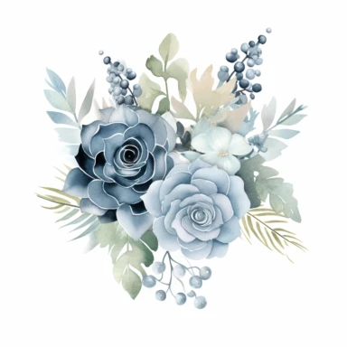 Shimmering silver and soft dusty blue flower bouquet, Dusty blue hydrangeas, silver brunia berries, silver-toned dusty miller leaves, and roses, with ombre sage green leaves, watercolor, uplighted, white background, 300 dpi, suitable for a clipart, no frame, no mock up