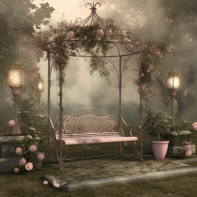 fantasy rose evening garden with antique wrought iron bench and gazebo, soft pink and green and khaki colors, romantic, clipart style, shabby chic, ethereal