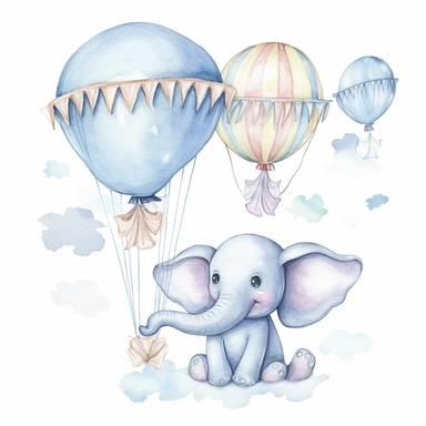 watercolor flying elephant toy clipart pastel blue colors